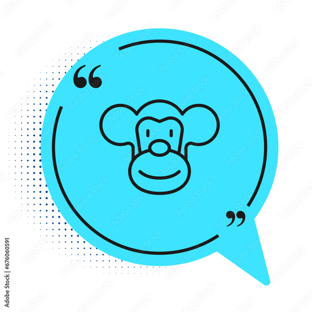 Sticker Black line Monkey icon isolated on white background. Animal symbol. Blue speech bubble symbol. Vector