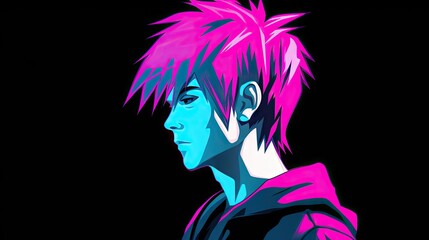  a close up of a person with pink hair wearing a black shirt and a pink and blue shirt and a black background.  generative ai