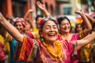 Hispanic woman cheering and dancing in the streets with colorful dresses on, holiday festive event