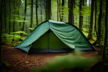 green tent in the forest , bushcraft and wild camping - obrazy, fototapety, plakaty