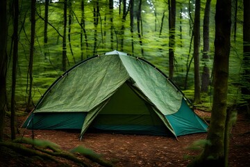 green tent in the forest , bushcraft and wild camping - obrazy, fototapety, plakaty