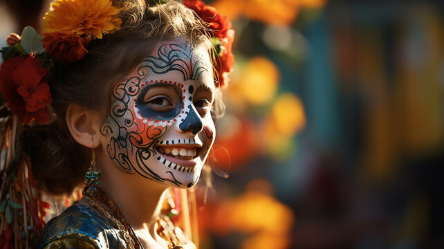 Happy child with skull face paint celebrating day of the dead outdoor holiday in mexico festive event