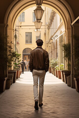 young man strolls through an arch in a city mall, italian landscapes, queer academia, brown and beige