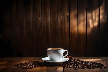 white coffee cup in a warm wooden  background