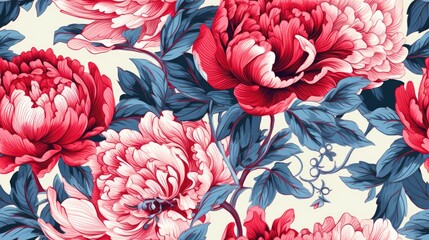  a bunch of pink and red flowers on a white background with blue and red leaves and stems on a white background.  generative ai
