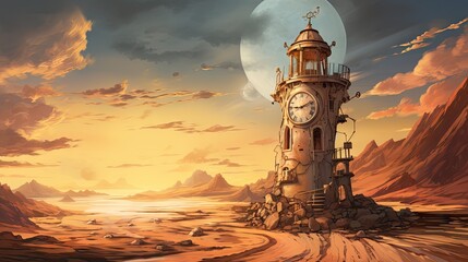  a painting of a clock tower in the middle of a desert with a full moon in the sky above it.  generative ai