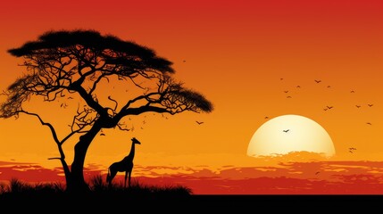 Fototapeta na wymiar Illustration of a silhouette of a giraffe and an African tree at sunset