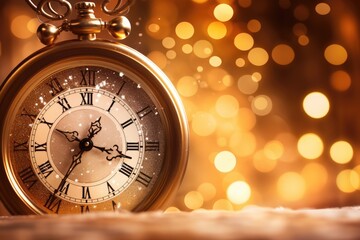 Fototapeta na wymiar Beautiful gold antique clock on a festive lights background. New year concept