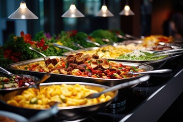 Catering buffet food on a long table in a hotel restaurant