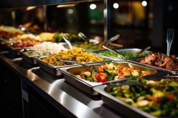 Catering buffet food on a long table in a hotel restaurant - obrazy, fototapety, plakaty