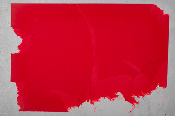 Red poster on a white background.