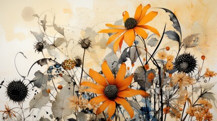  a painting of a bunch of flowers on a white and yellow background with a black and white flower in the middle of the picture.  generative ai