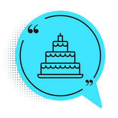 Black line Wedding cake icon isolated on white background. Blue speech bubble symbol. Vector