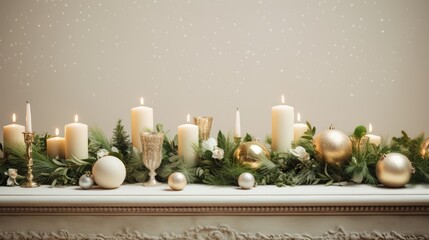  a mantel with candles and ornaments on it and a christmas garland on top of the mantel is decorated with greenery and gold baubs.  generative ai