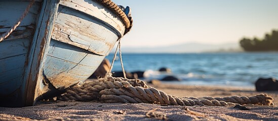 During my vacation I enjoyed the soothing sound of crashing waves on the beach while sitting on an old wooden fishing boat surrounded by the aroma of salty sea water and the sight of the va - obrazy, fototapety, plakaty
