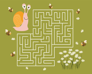 Educational maze for kids with cartoon snails. Children's game, educational puzzle, vector