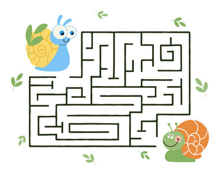 Educational maze for kids with cartoon snails. Children's game, educational puzzle, vector