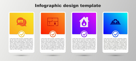 Set Telephone call 911, Evacuation plan, Fire in burning house and Firefighter helmet. Business infographic template. Vector