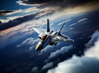 Modern Combat 5th or 6th generation fighter aircraft flies at high altitude against a blue sky and ground. Combat aviation, Air Force. Military jet flying armed with surface-to-air missiles. - Powered by Adobe