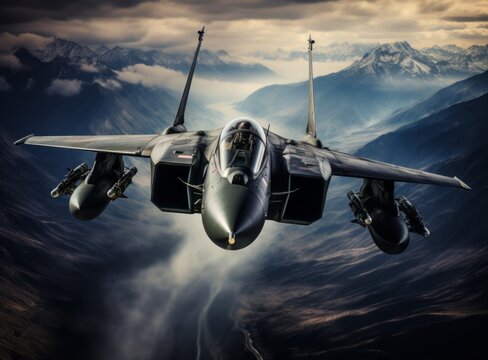 Modern Combat 5th or 6th generation fighter aircraft flies at high altitude against a blue sky and ground. Combat aviation, Air Force. Military jet flying armed with surface-to-air missiles.
