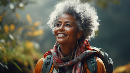 Black african american dark-skinned happy senior woman hiking outdoors. Fitness walking and forest...