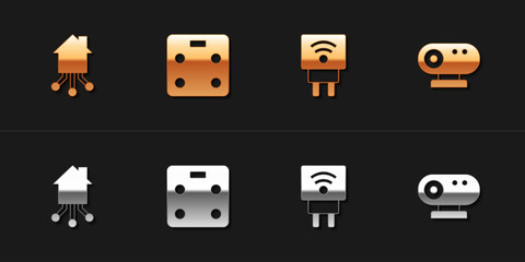 Set Smart home, bathroom scales, electric plug and Web camera icon. Vector