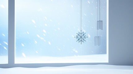  a white room with a snowflake hanging from the ceiling and a snowflake hanging from the ceiling.  generative ai