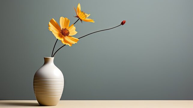 a white vase filled with yellow flowers on top of a wooden table with a gray wall in the back ground.  generative ai