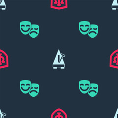 Set Psychology, Psi, Metronome with pendulum and Comedy and tragedy masks on seamless pattern. Vector
