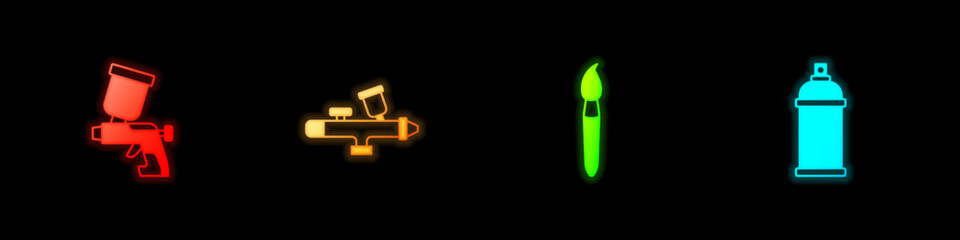 Set Paint spray gun, brush and can icon. Vector