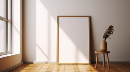 Empty frame mockup on wooden floor with shadows