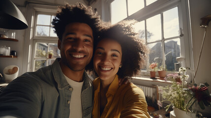 Multiracial young couple or family taking selfies in the kitchen in modern apartment with large windows during daytime