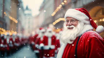 Santa Claus Parade. Traditional Christmas Street opening ceremony. Soft focus and copy space.