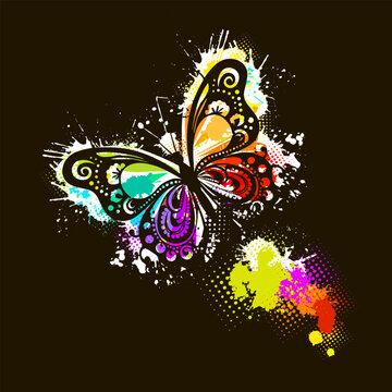 Graphic butterfly with colored blots on a dark background. Vector illustration. hand drawing. Not AI,
