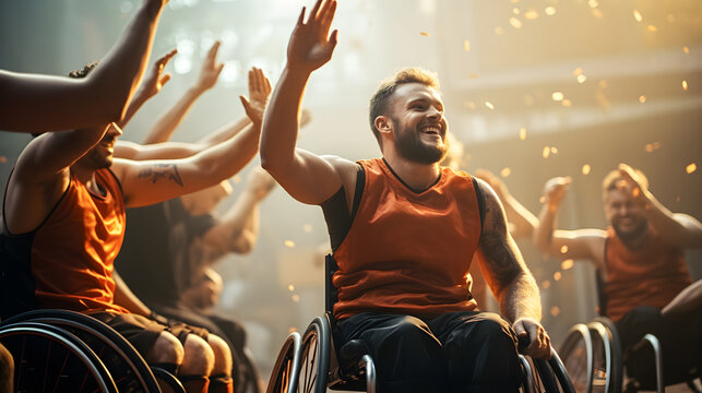 Team of wheelchair athletes celebrating a victory. Diversity and inclusion, athletes with disabilities or reduced mobility.