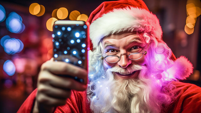 Funny Santa Claus takes a selfie using mobile phone. Portrait of Santa among the Christmas lights.