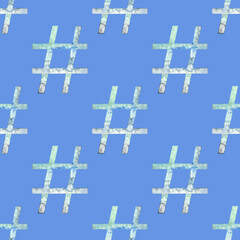 Seamless pattern of green blue gradient watercolor Hashtag symbol. Hand drawn illustration. On blue.