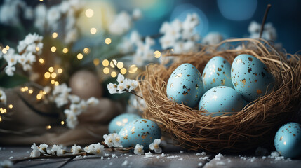 Fototapeta na wymiar beautiful easter background with colored eggs in a nest. volumetric light, copy space. holiday lights. space for text