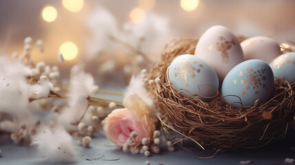 
beautiful easter background with colored eggs in a nest. volumetric light, copy space. holiday lights. space for text - Powered by Adobe