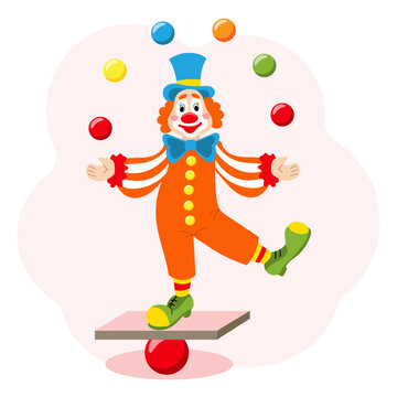 Cute funny cartoon clown juggler with balls. Children's card, print, colorful illustration, vector
