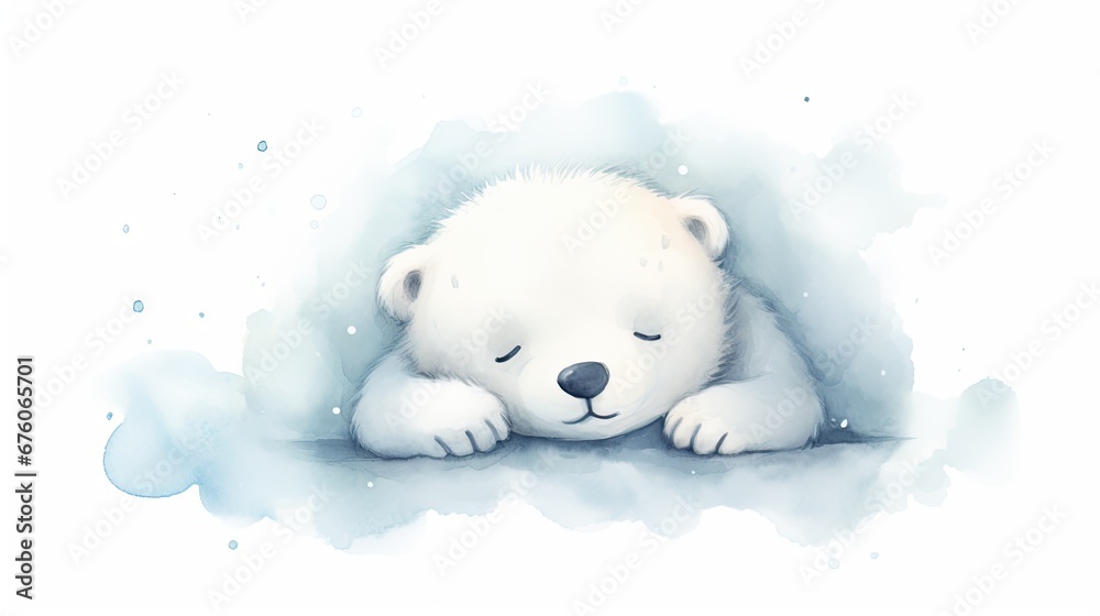 Poster a small white polar bear laying on top of a snow covered ground with his eyes closed and his head re