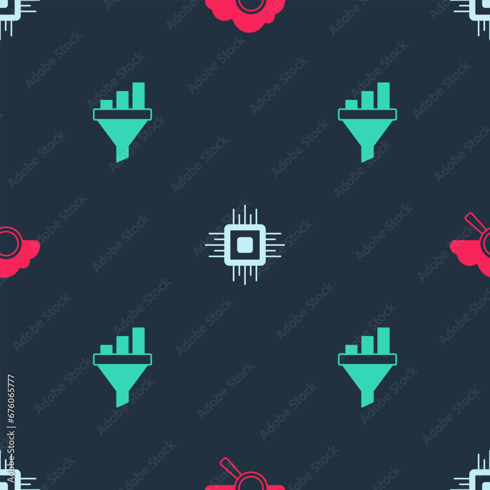 Poster set search cloud computing, processor cpu and sales funnel with chart on seamless pattern. vector