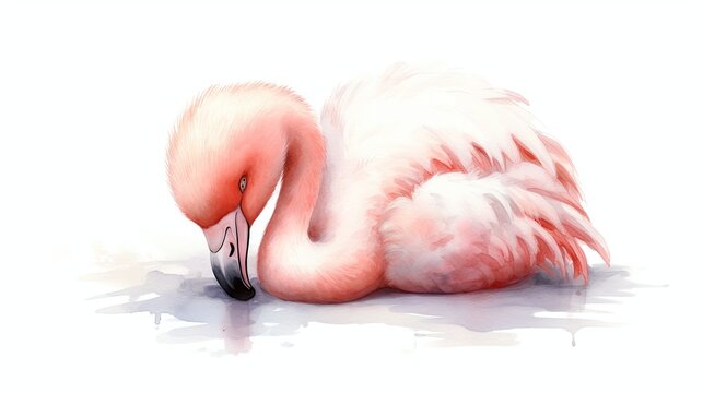  a close up of a flamingo laying on the ground with it's head in it's beak.  generative ai