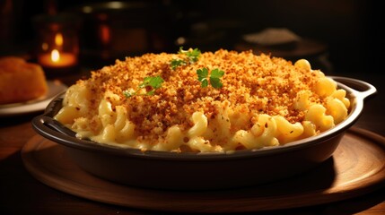  a dish of macaroni and cheese with parmesan sprinkles and a lit candle in the background.  generative ai