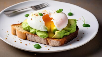 A piece of toast topped with avocado and poached eggs 