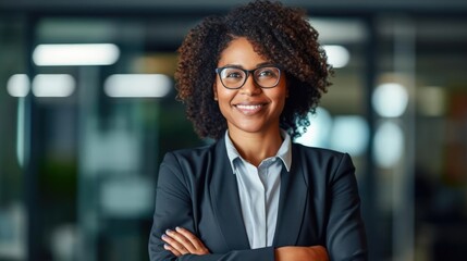 A smiling business afro woman ceo wearing glasses Happy middle aged business woman ceo standing in office with arms crossed - obrazy, fototapety, plakaty