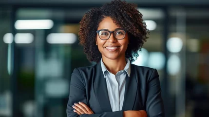 Foto op Plexiglas A smiling business afro woman ceo wearing glasses Happy middle aged business woman ceo standing in office with arms crossed © Charlie
