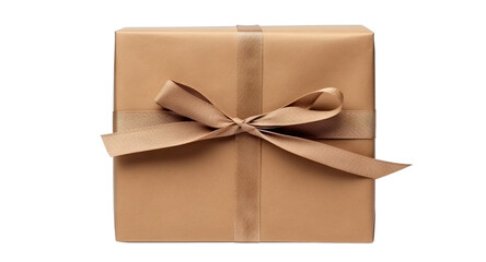 Brown craft paper wrapped gift box with a brown ribbon, cut out