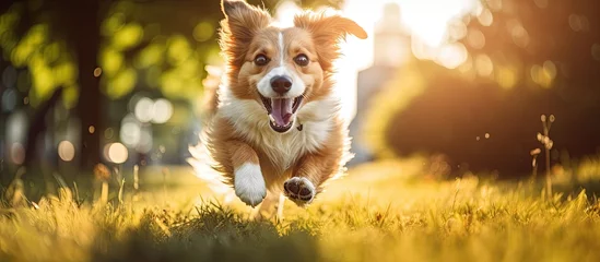Foto op Aluminium During the summer a happy dog enjoys running in the park capturing the cute and funny portrait of this energetic animal while embracing the city s nature and fostering a healthy and fun fil © TheWaterMeloonProjec