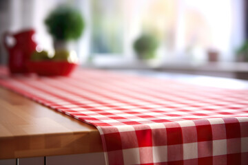 White and red checkered tablecloth on kitchen table - obrazy, fototapety, plakaty